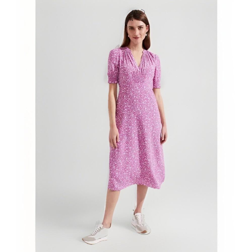 Hobbs London Tullia Dress Size 6 (UK 10) Floral Midi Pink VNeck Romantic Cottage